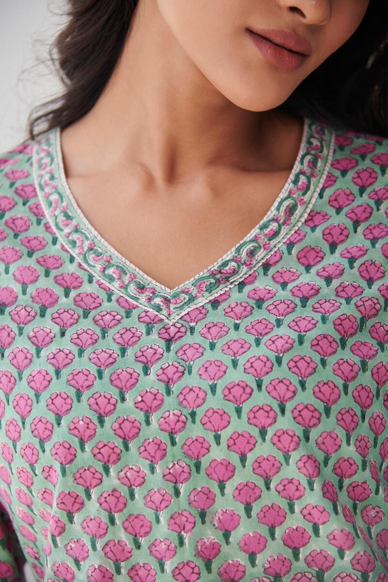 Pink Block Printed Cotton Loungewear Set