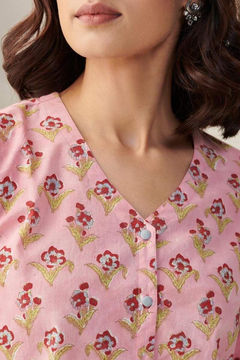 Pink Block Printed Cotton Loungewear Set