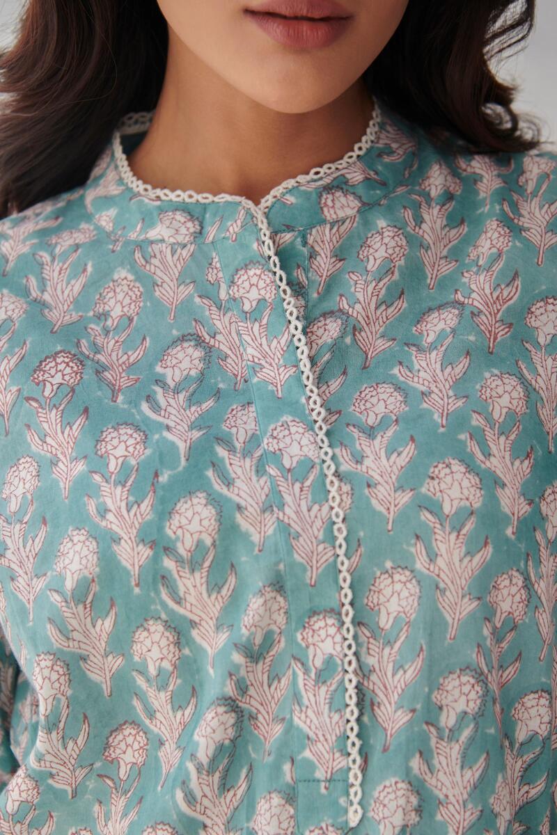 Blue Block Printed Cotton Loungewear Set