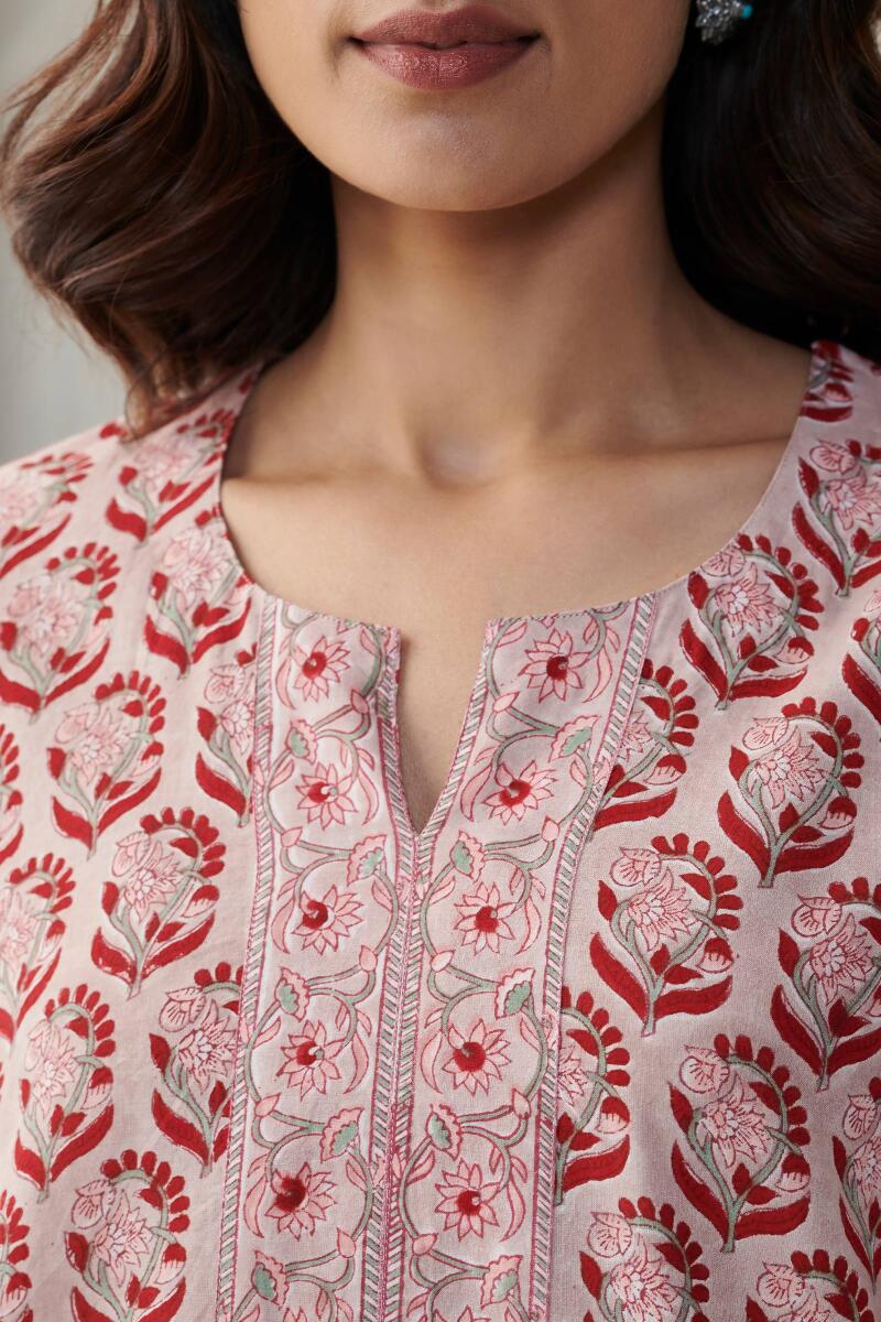 Beige Block Printed Cotton Kaftan