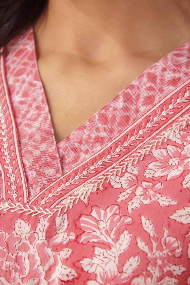 Pink Hand Block Printed Straight Cotton Kurta