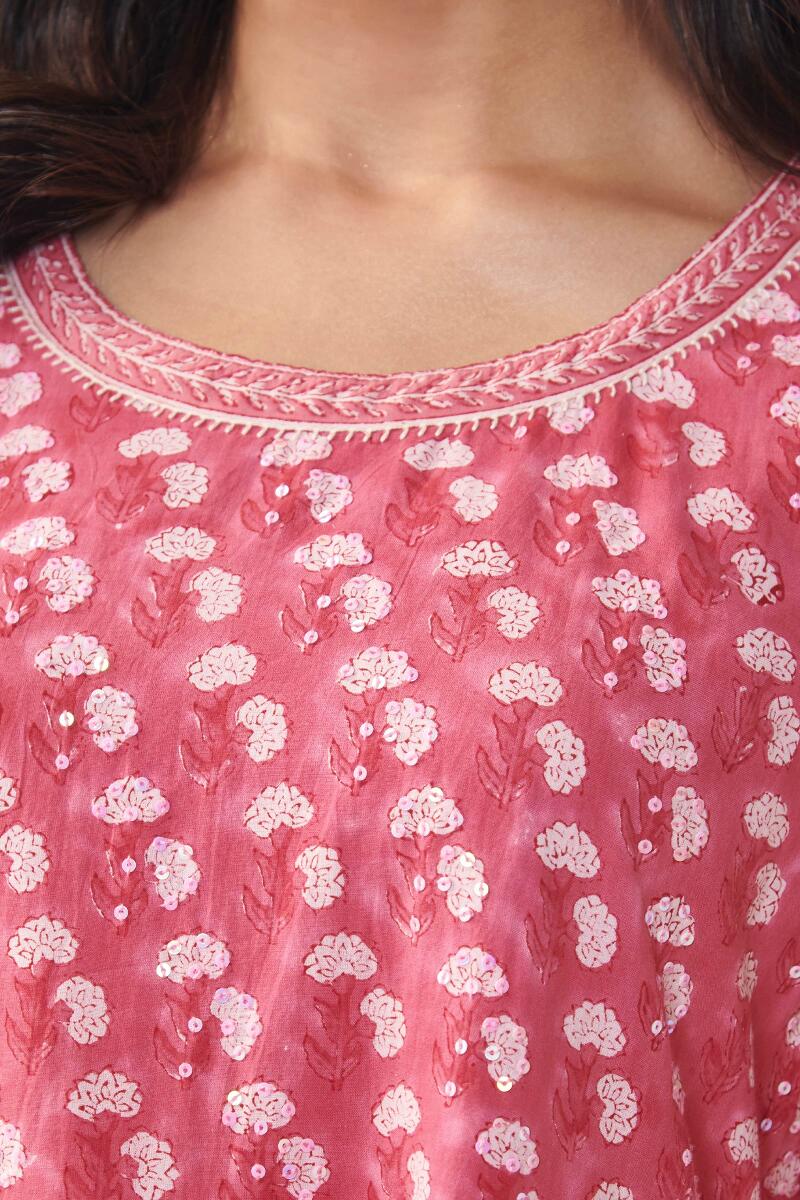 Pink Hand Block Printed A-Line Cotton Kurta