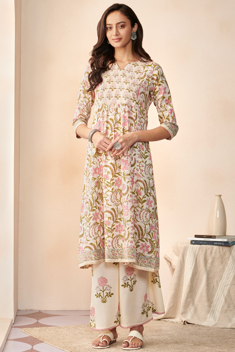 Off-White Hand Block Printed A-Line Cotton Dobby Kurta