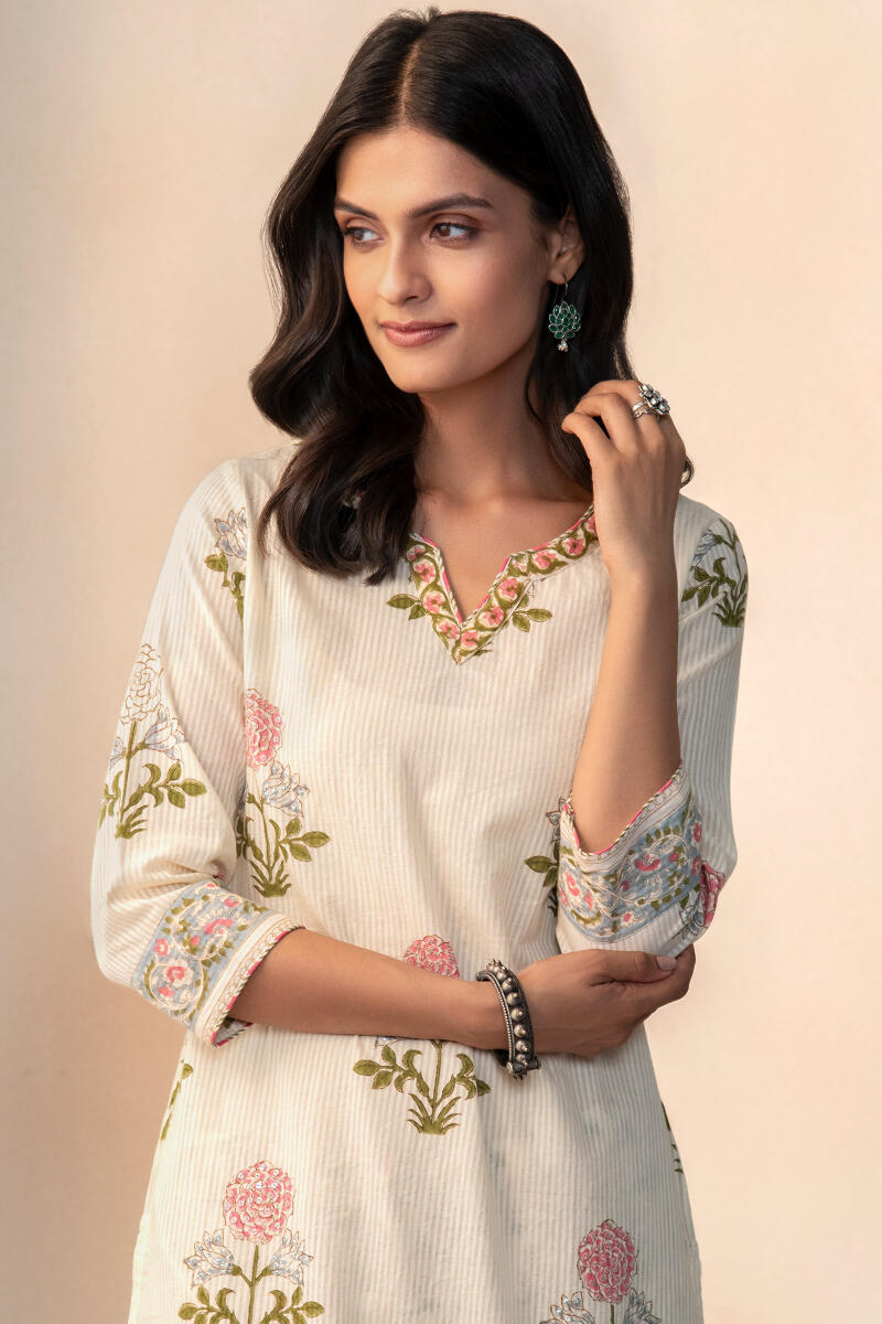 Off-White Hand Block Printed Straight Cotton Kurta