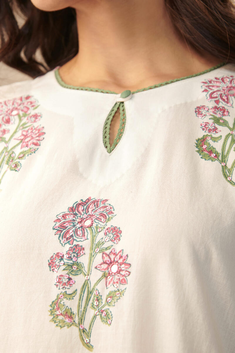 White Hand Block Printed A-Line Cotton Kurta