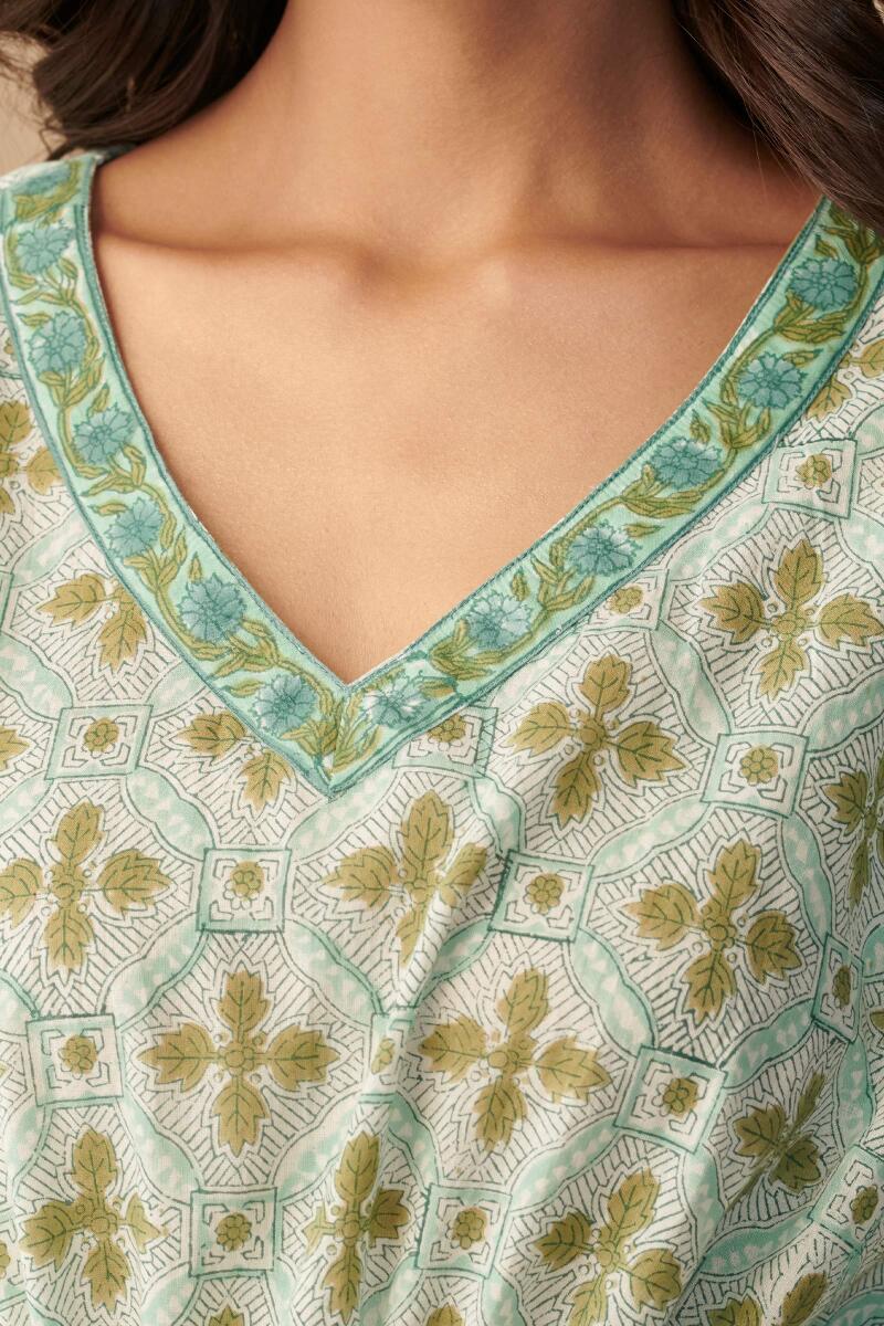 Green Hand Block Printed Cotton Kaftan