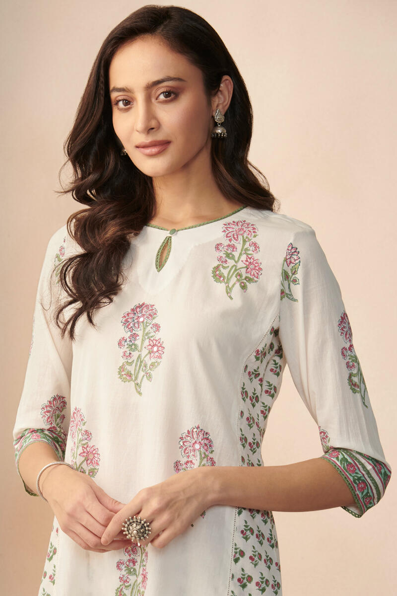 White Hand Block Printed A-Line Cotton Kurta