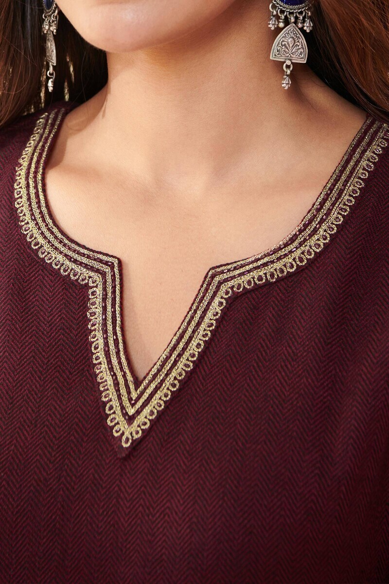 Maroon Handcrafted Straight Faux Wool Kurta