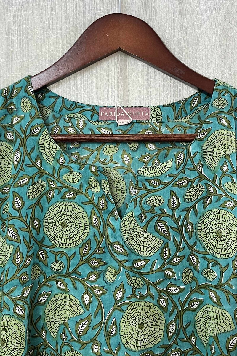Turquoise Hand Block-Printed Cotton Kaftan