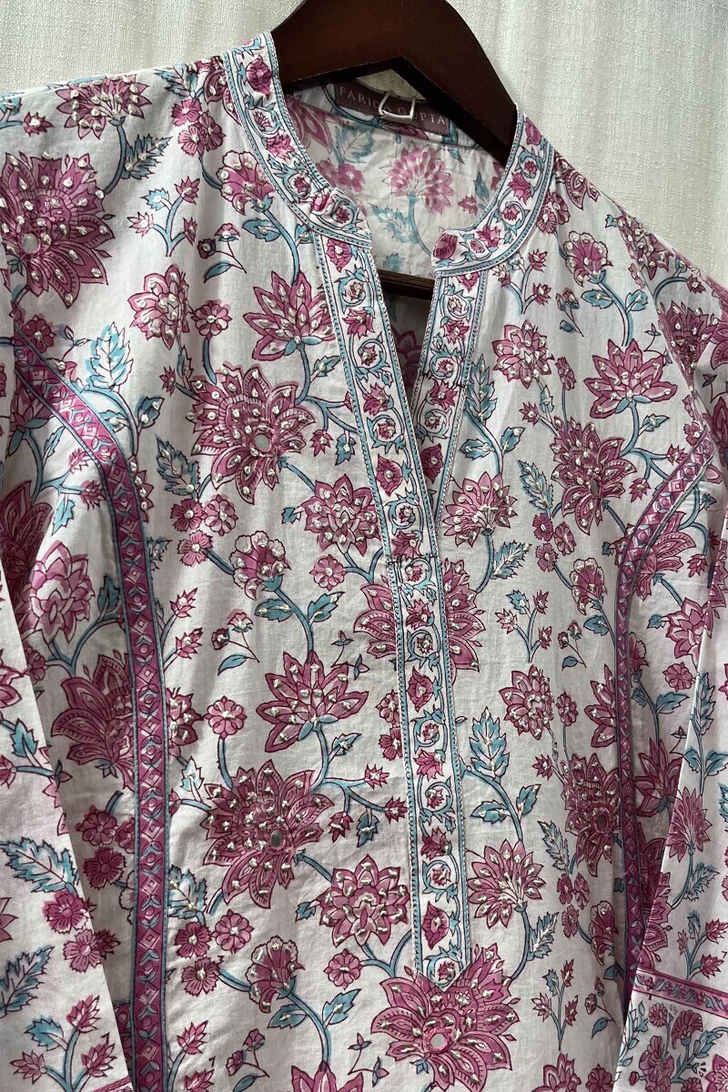 White Hand Block-Printed A-Line Cotton Kurta