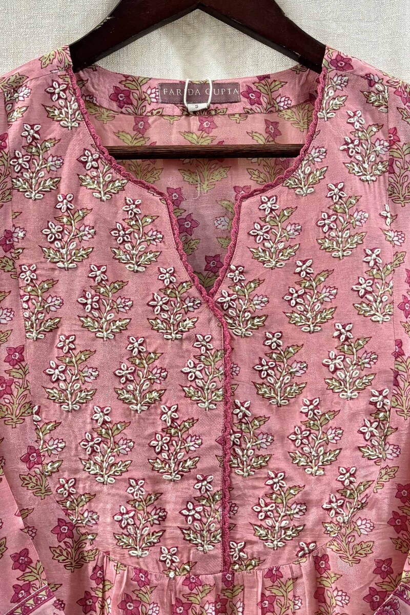 Pink Hand Printed A-Line Viscose Kurta