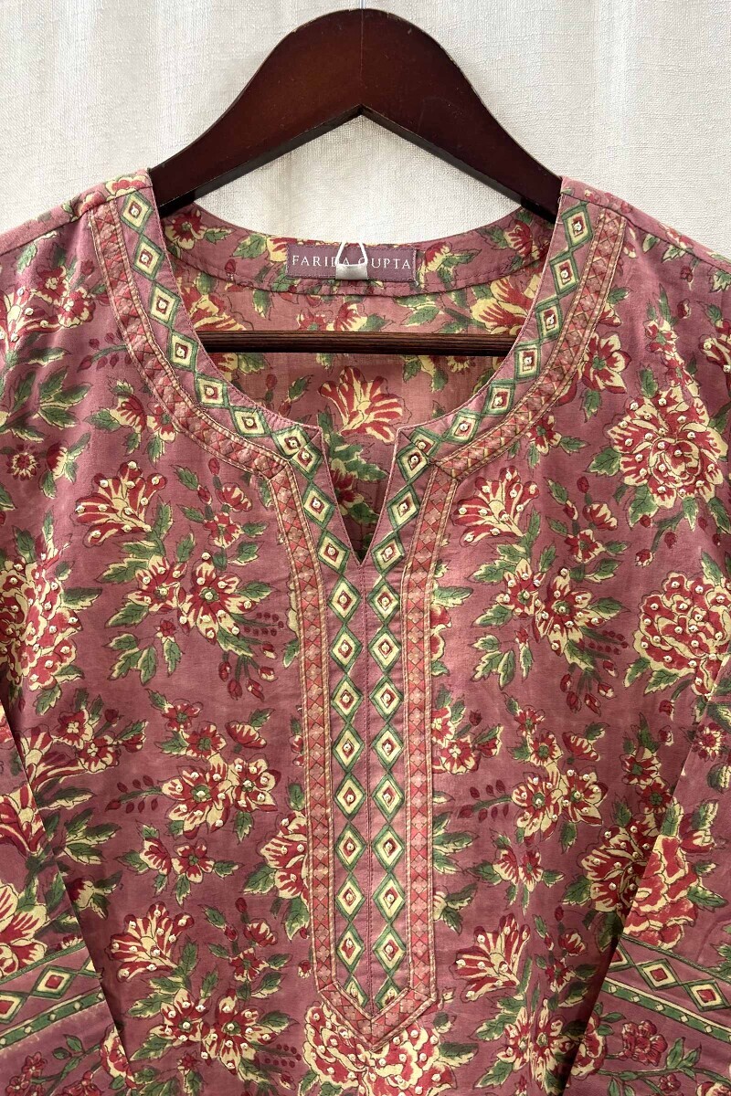 Mauve Hand Block-Printed Straight Cotton Kurta