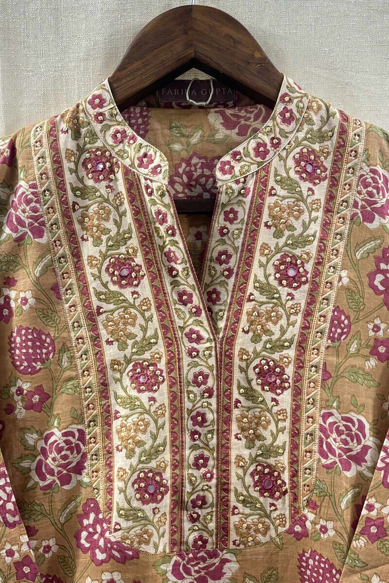 Mustard Hand-Printed Straight Cotton Slub Kurta