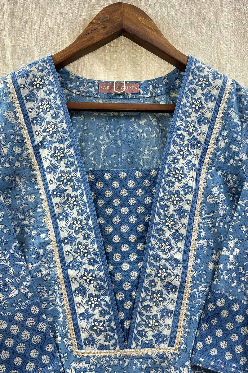 Indigo Hand Block-Printed Straight Cotton Kurta
