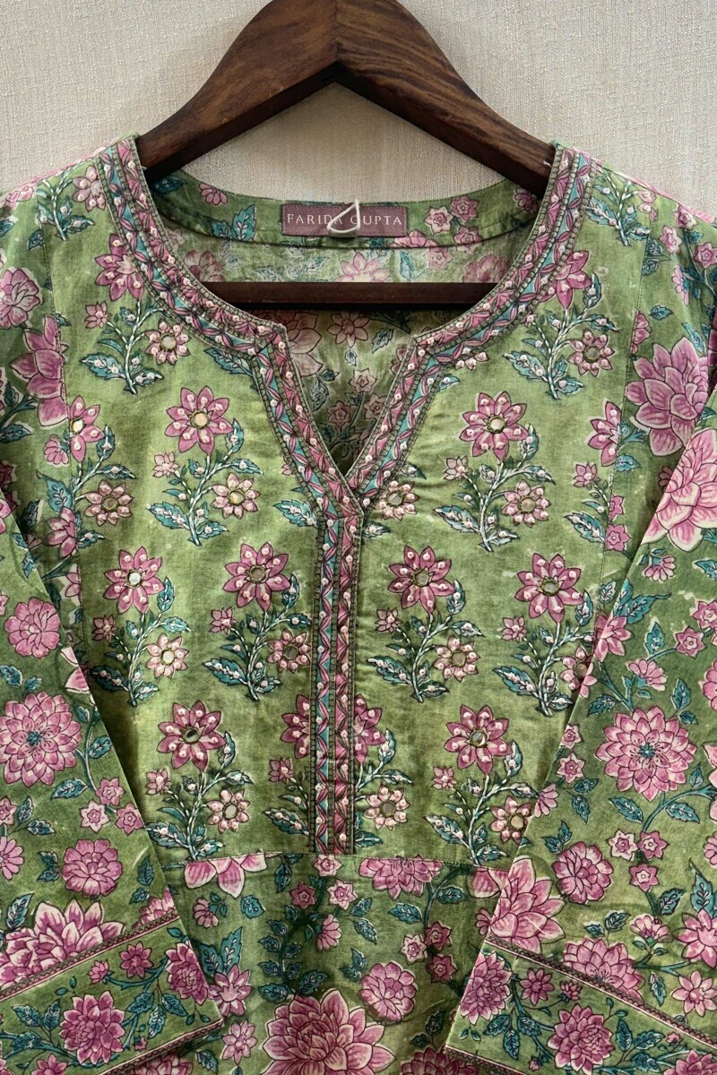 Green Hand Block-Printed Straight Cotton Kurta