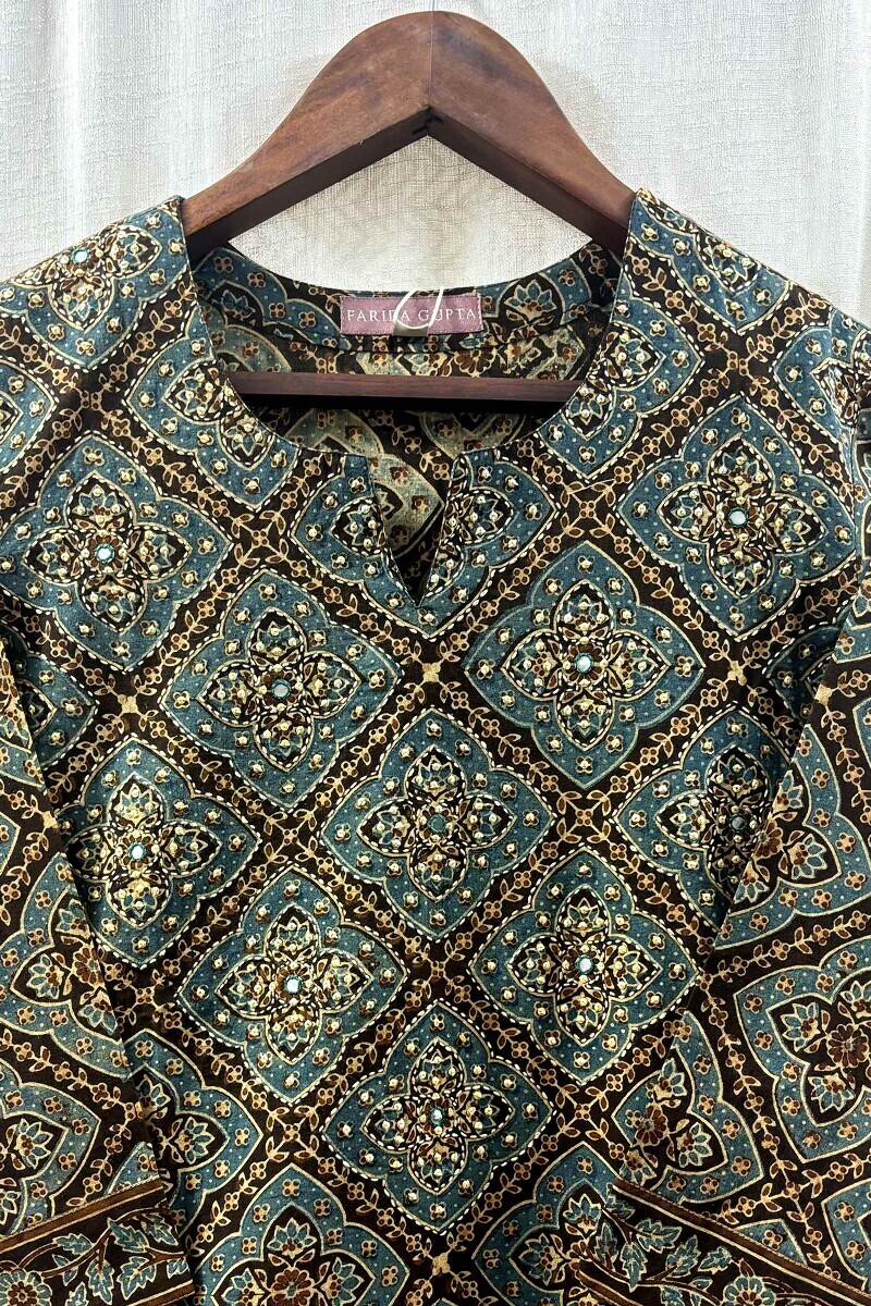 Brown Hand Block-Printed Straight Kurta