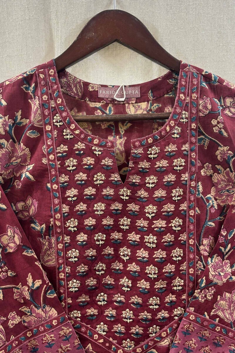 Maroon Hand Block-Printed Straight Kurta