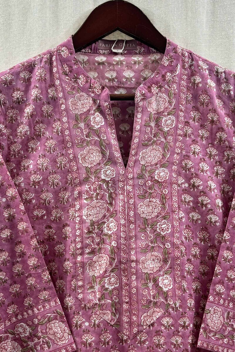 Purple Hand Block-Printed Straight Cotton Kurta