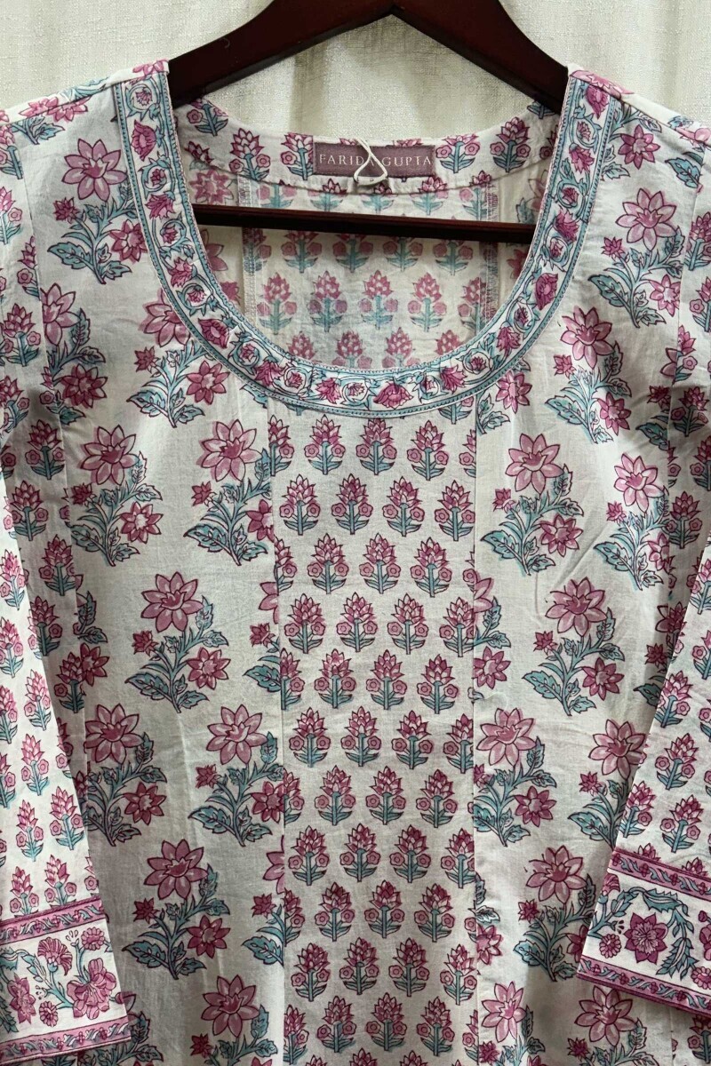 White Hand Block-Printed A-Line Cotton Kurta