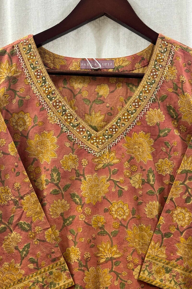 Pink Hand Block-Printed Straight Cotton Kurta
