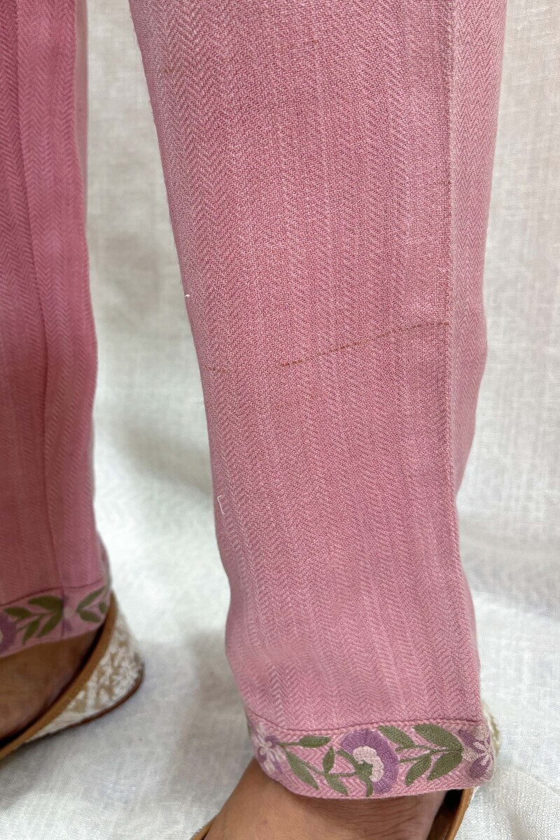 Pink Handcrafted Faux Wool Narrow Pants