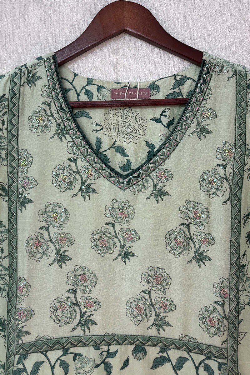 Green Hand Block-Printed A-Line Chanderi Kurta