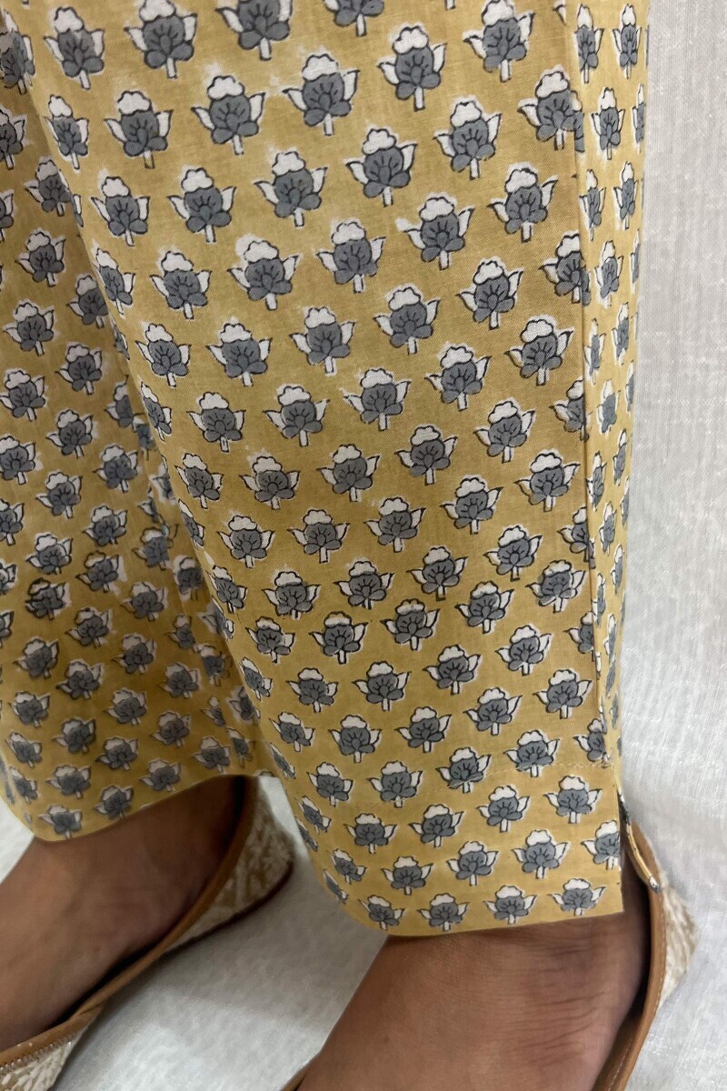 Yellow Hand Block-Printed Cotton Narrow Pants