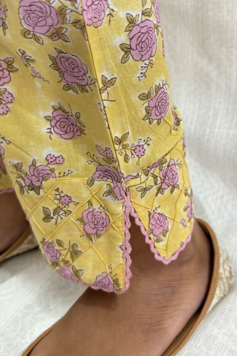 Yellow Hand Block-Printed Cotton Narrow Pants