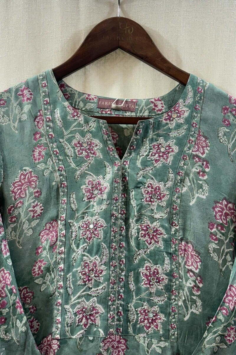 Green Hand Block-Printed Straight Kurta