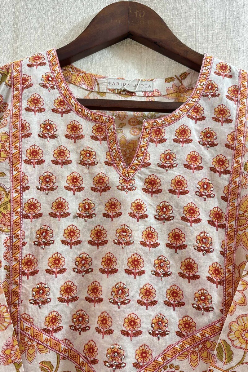 White Hand Printed Straight Cotton Kurta