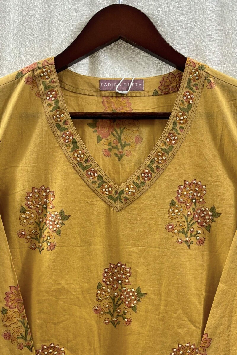 Mustard Hand Block-Printed Straight Cotton Kurta