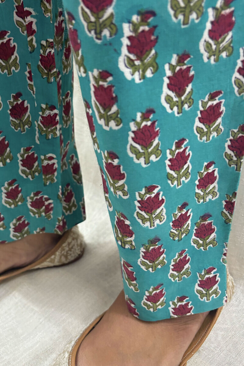 Blue Hand Block-Printed Cotton Narrow Pants