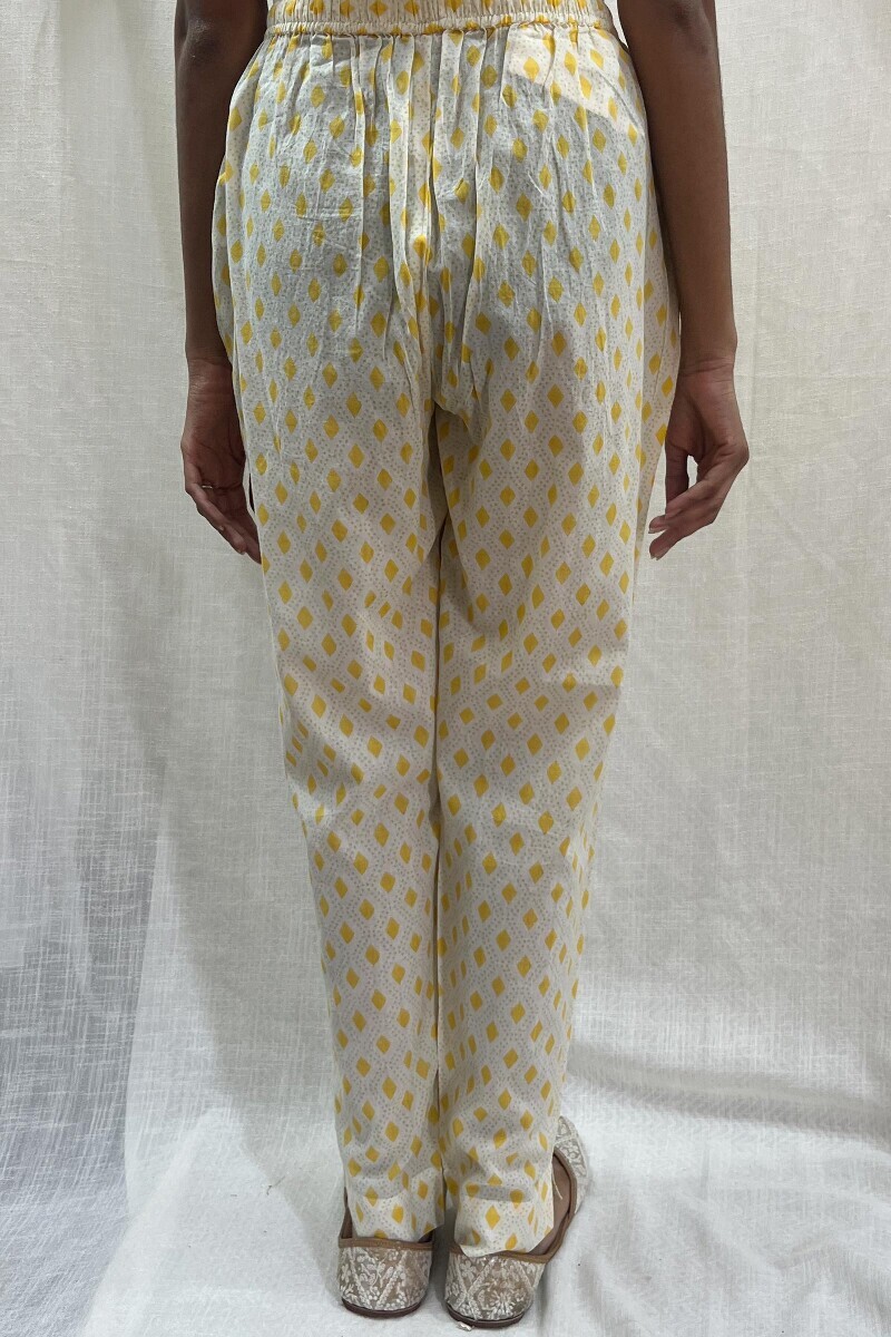 White Hand Block-Printed Cotton Mul Narrow Pants