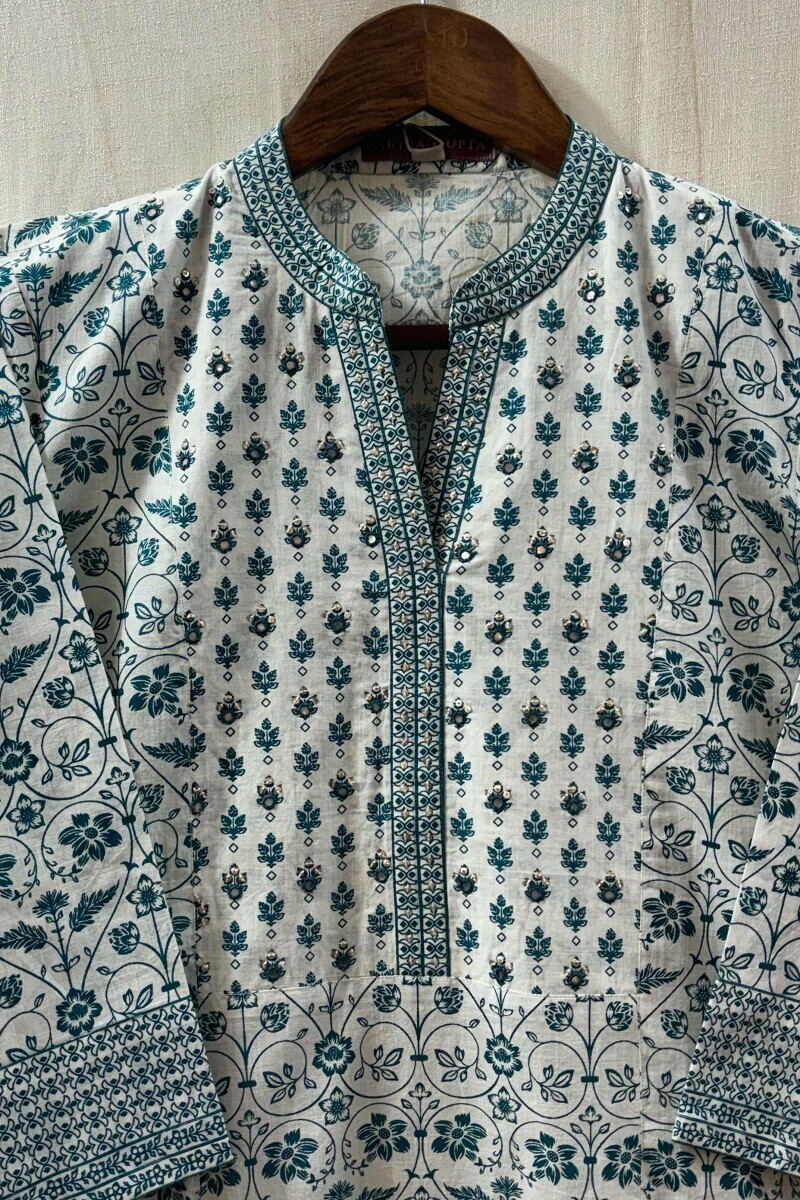 White Hand Screen-Printed Straight Kurta for Women