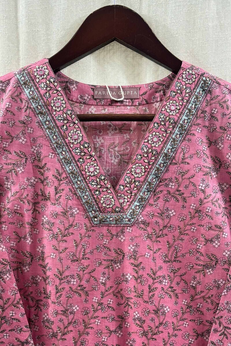 Pink Hand Printed Straight Kurta