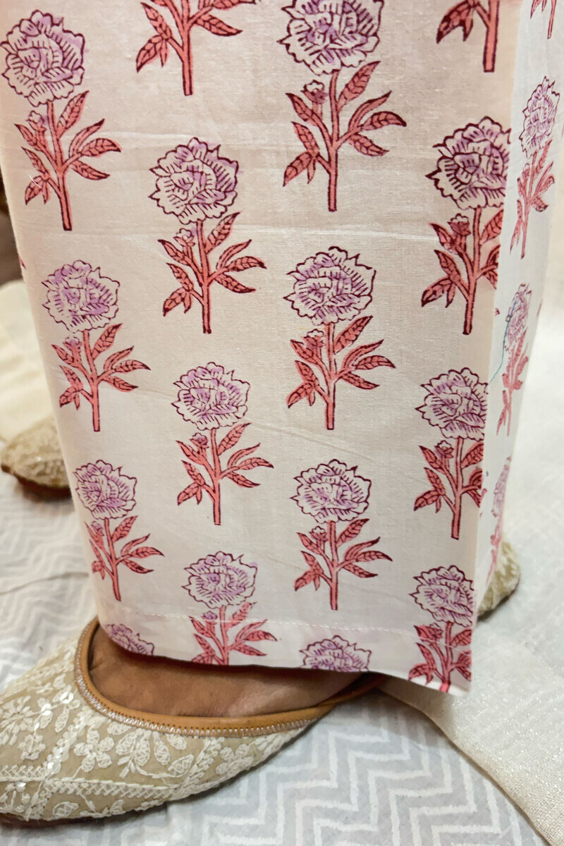 White Hand Block-Printed Cotton Straight Farsi