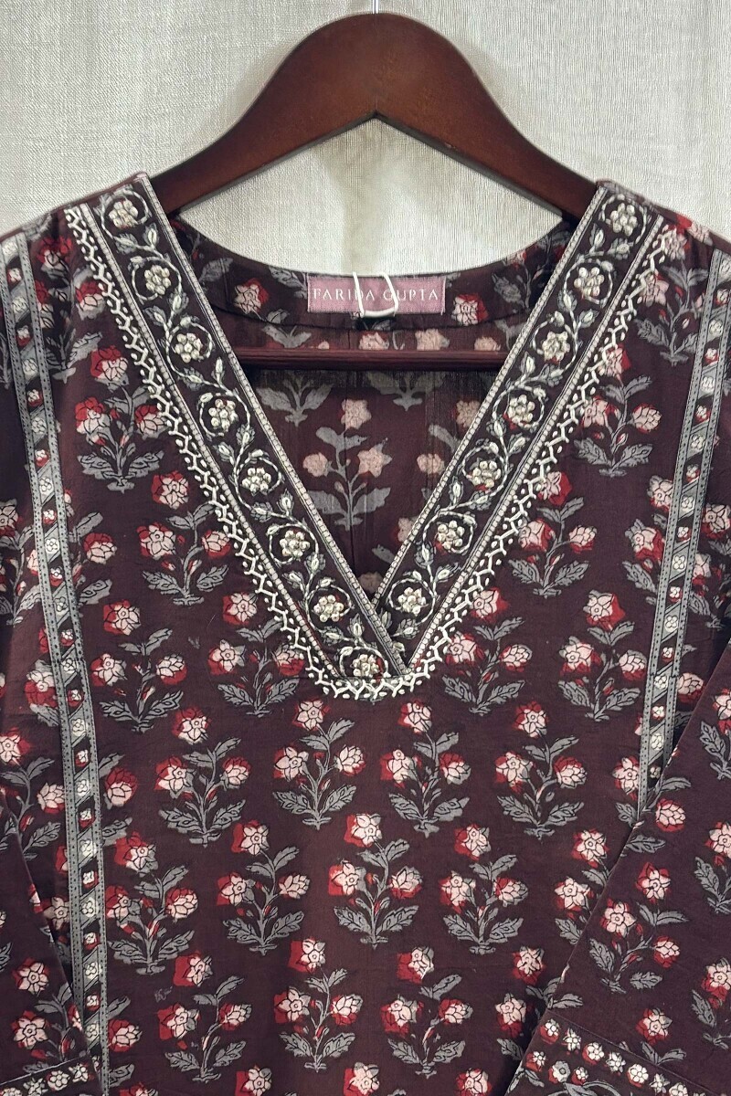 Brown Hand Block-Printed Straight Kurta