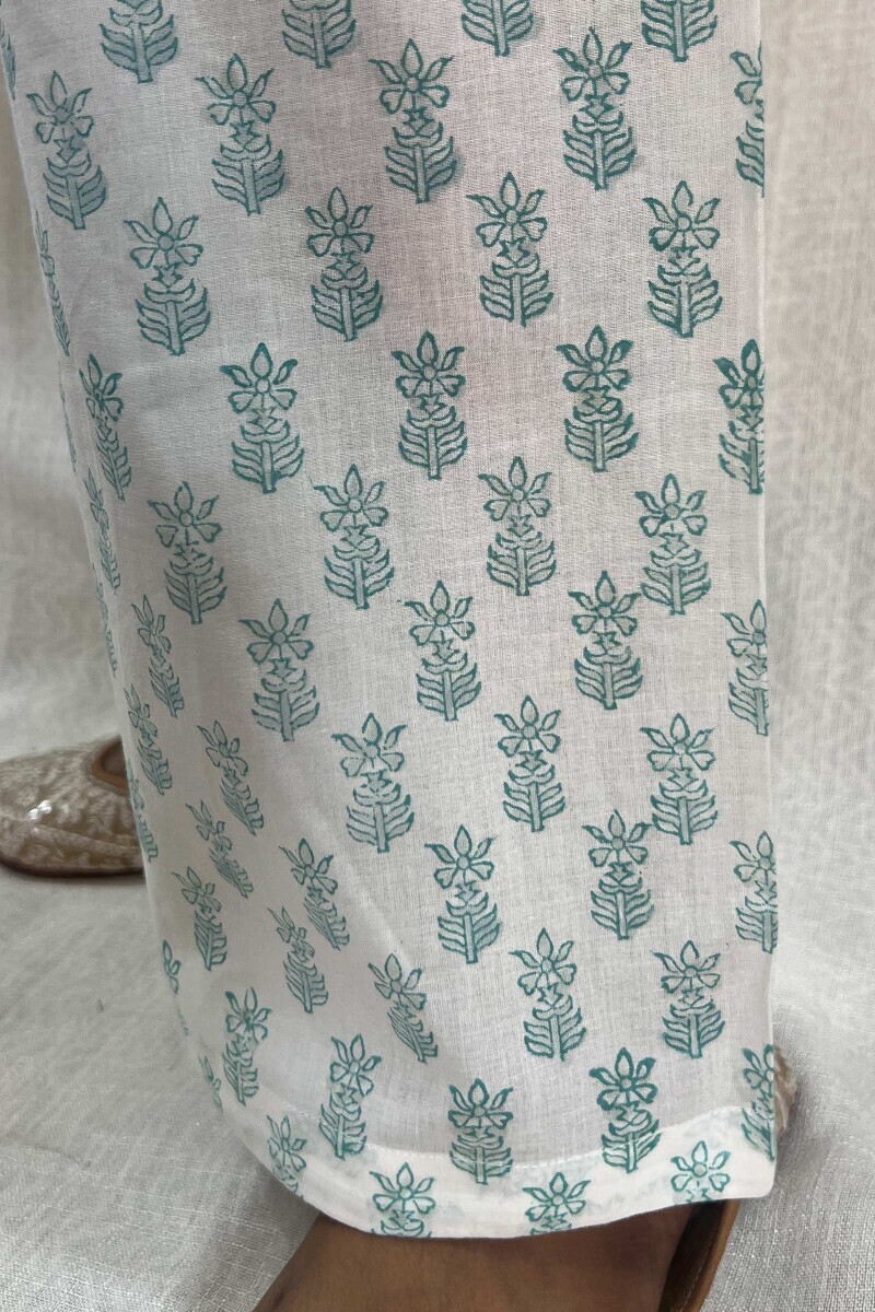 White Hand Block-Printed Cotton Straight Farsi