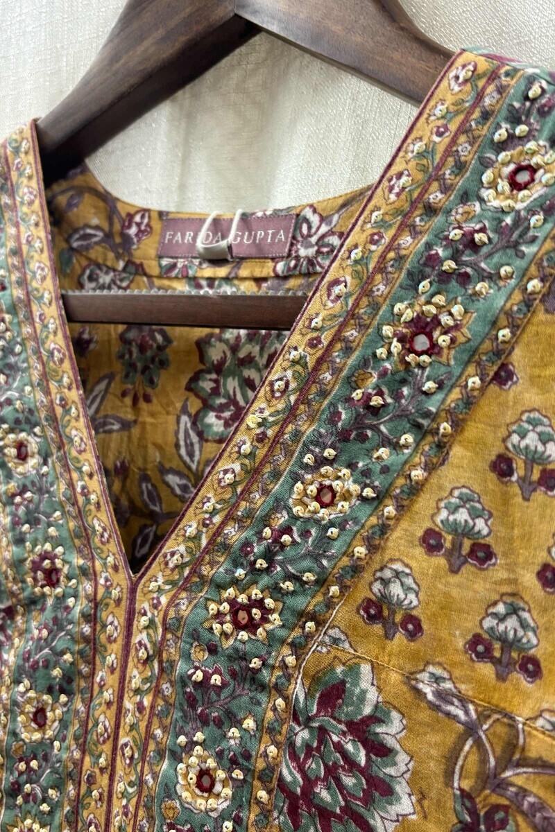 Mustard Hand Block-Printed Straight Cotton Kurta