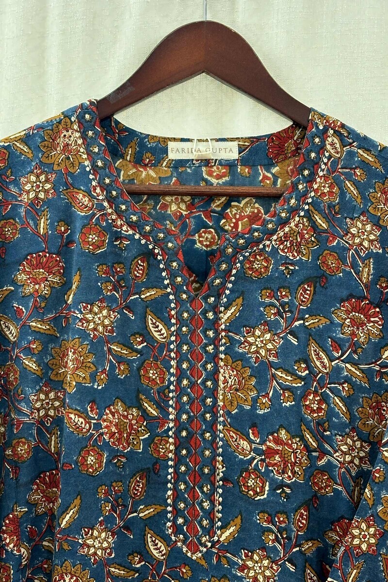 Blue Hand Block-Printed Straight Kurta