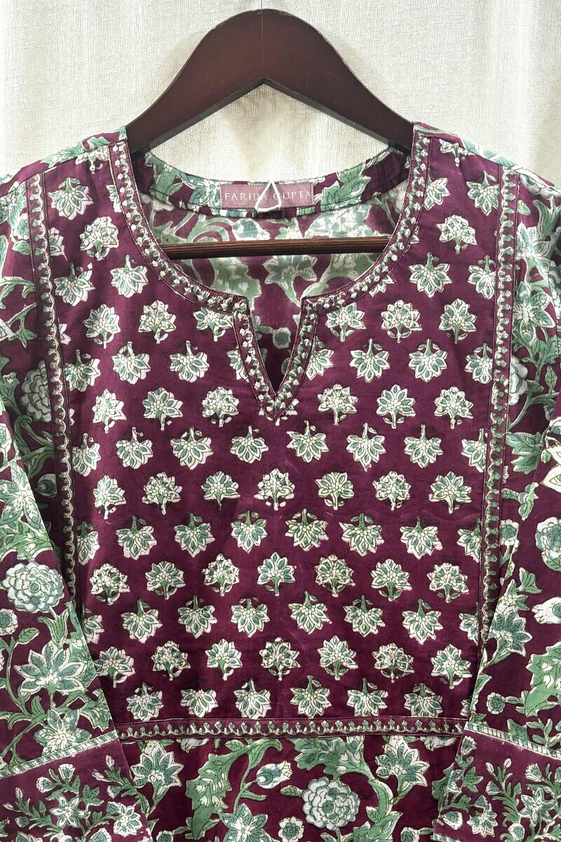 Maroon Hand Block-Printed Straight Kurta