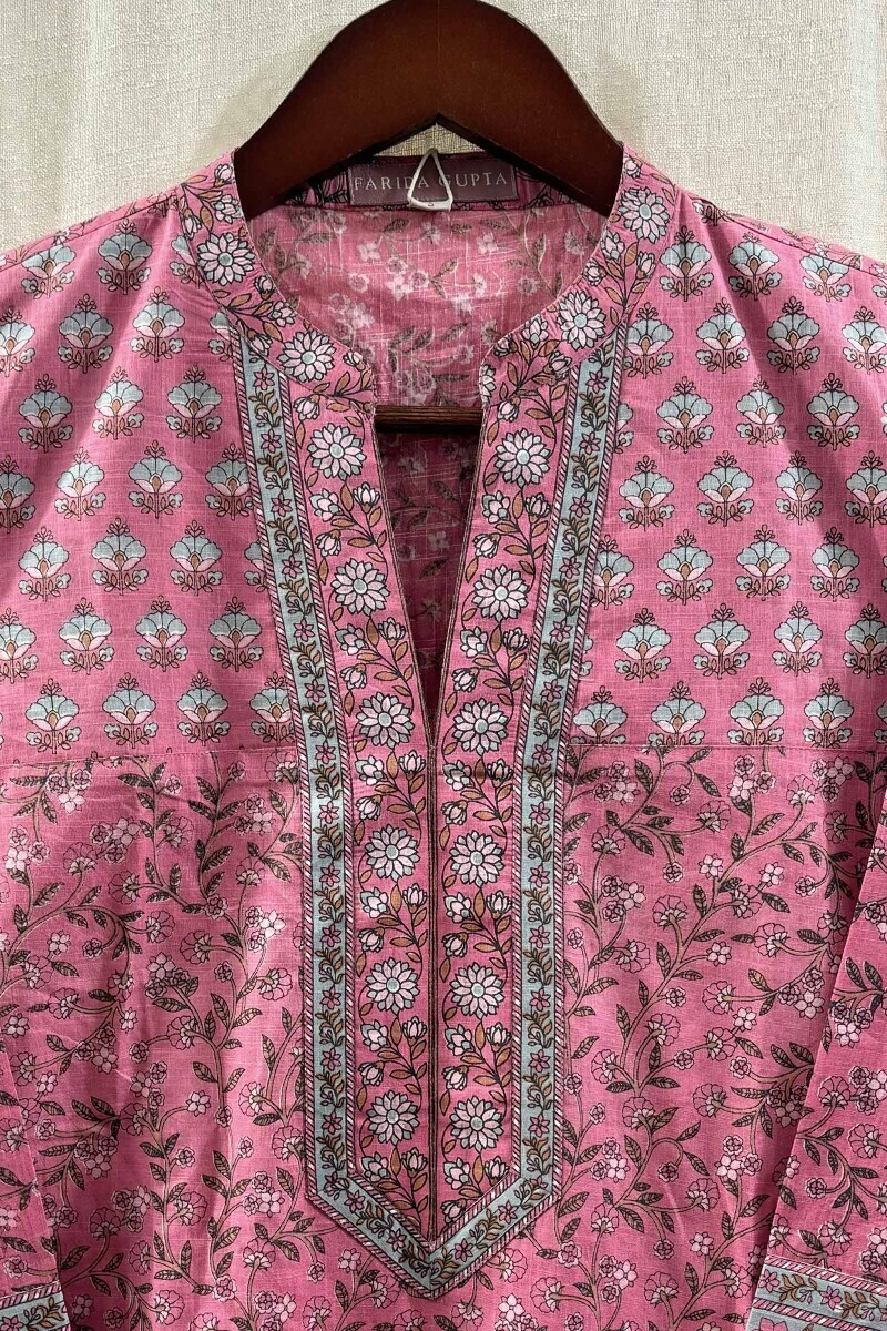 Pink Hand Printed Straight Kurta