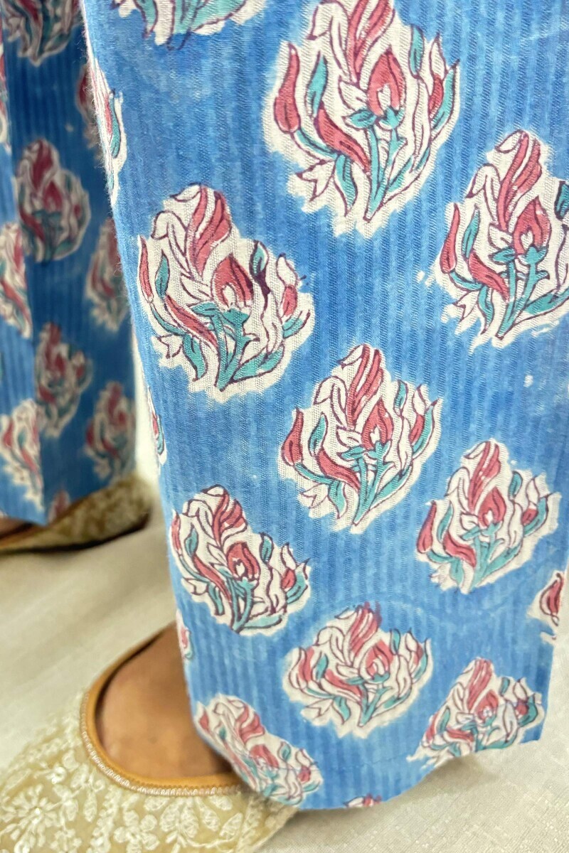 Blue Handcrafted Cotton Dobby Straight Farsi