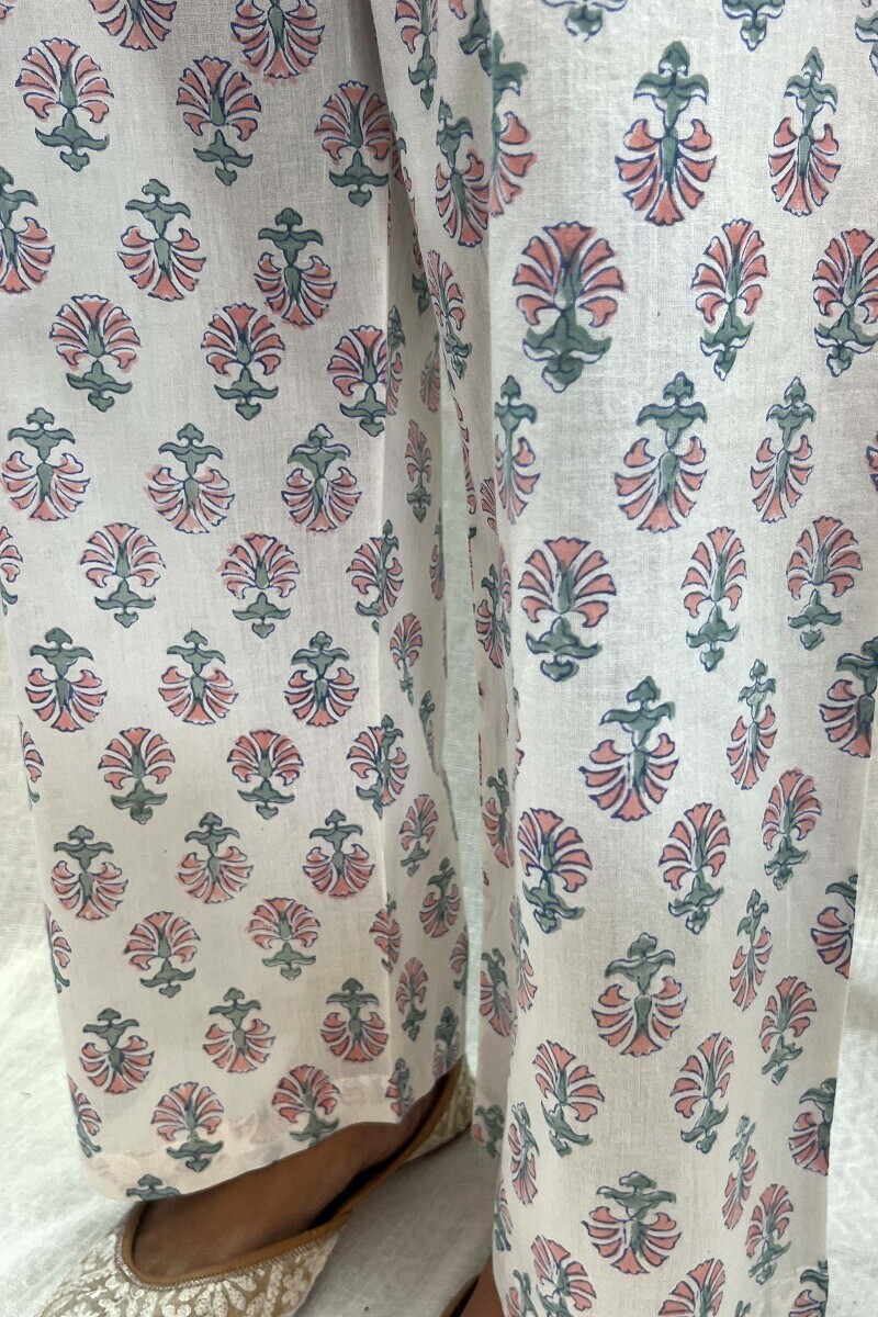 Off-White Hand Block-Printed Cotton Mul Straight Farsi
