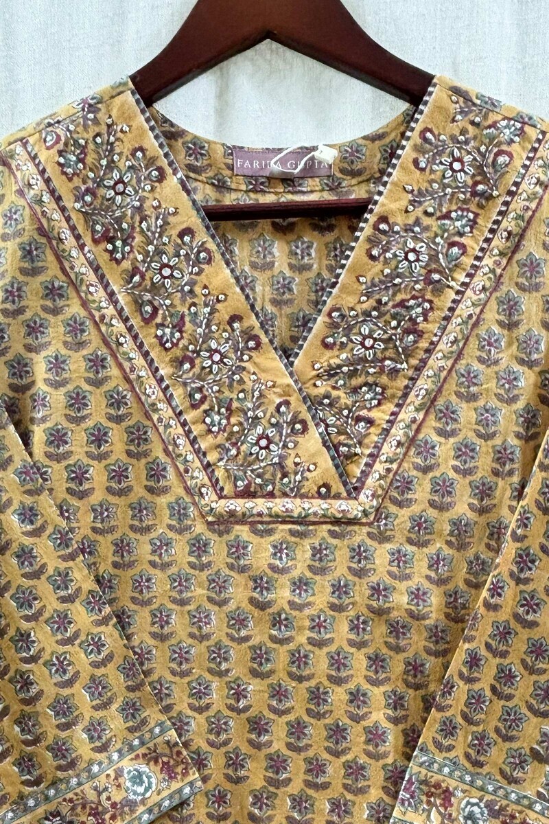 Mustard Hand Block-Printed Straight Kurta