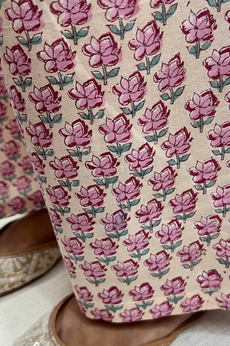 Cream Hand Block-Printed Cotton Straight Farsi