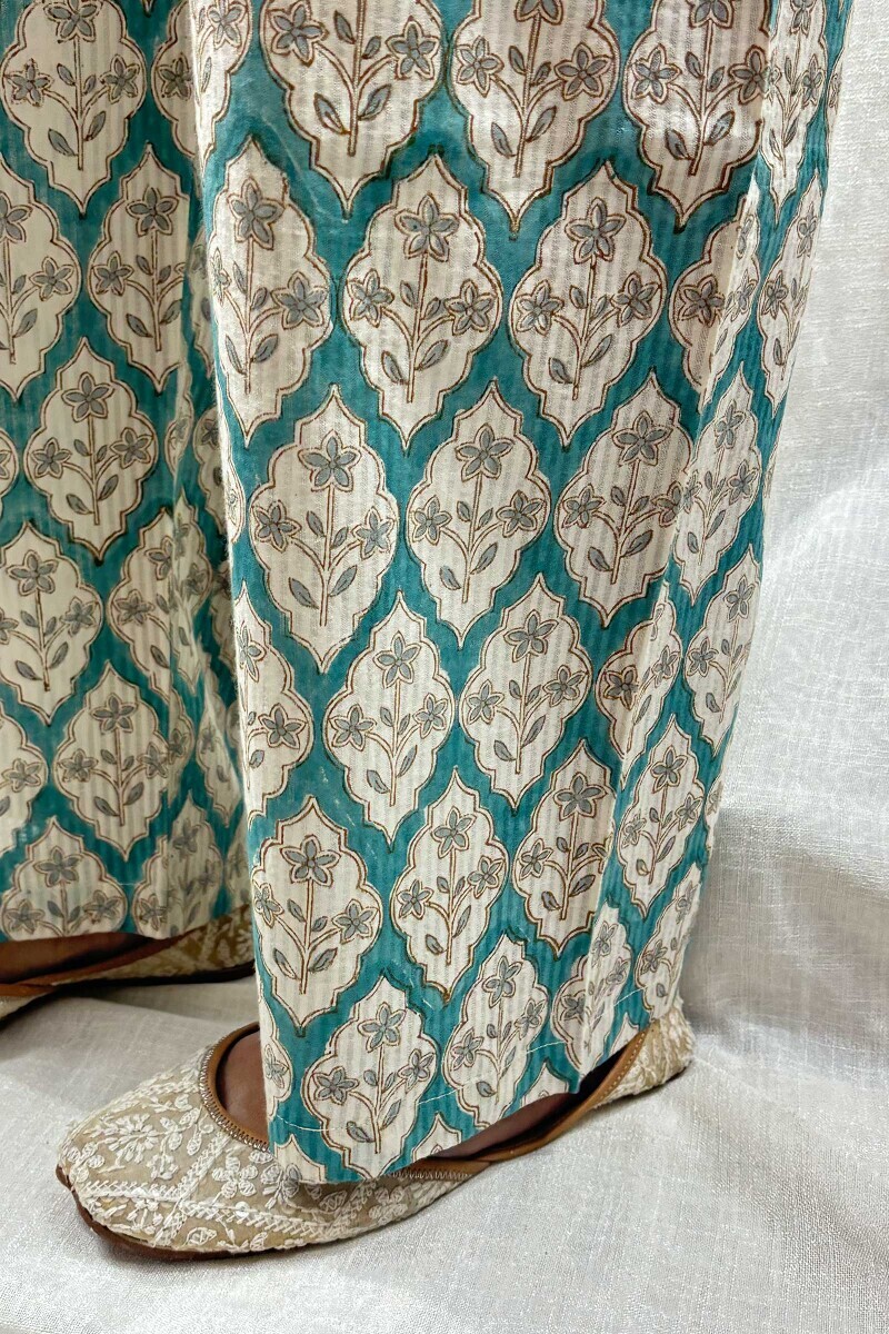 Green Hand Block-Printed Cotton Dobby Straight Farsi