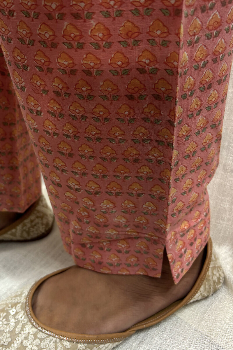Peach Hand Block-Printed Cotton Slub Narrow Pants