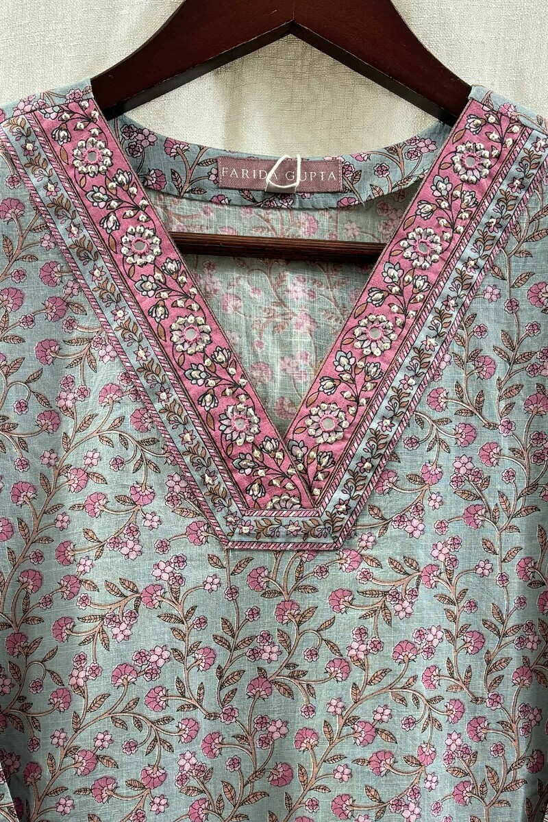 Blue Hand Printed Straight Cotton Slub Kurta