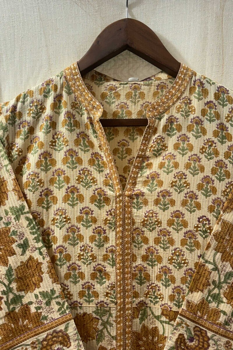 Beige Hand Block-Printed Kurta